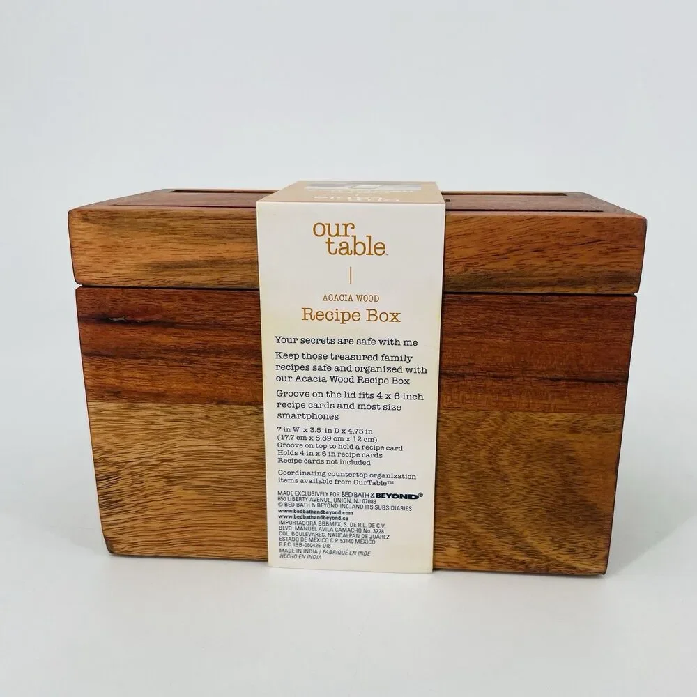 Our Table Acacia Wood Recipe Box Groove On Lid Bed Bath Beyond *No Cards NEW